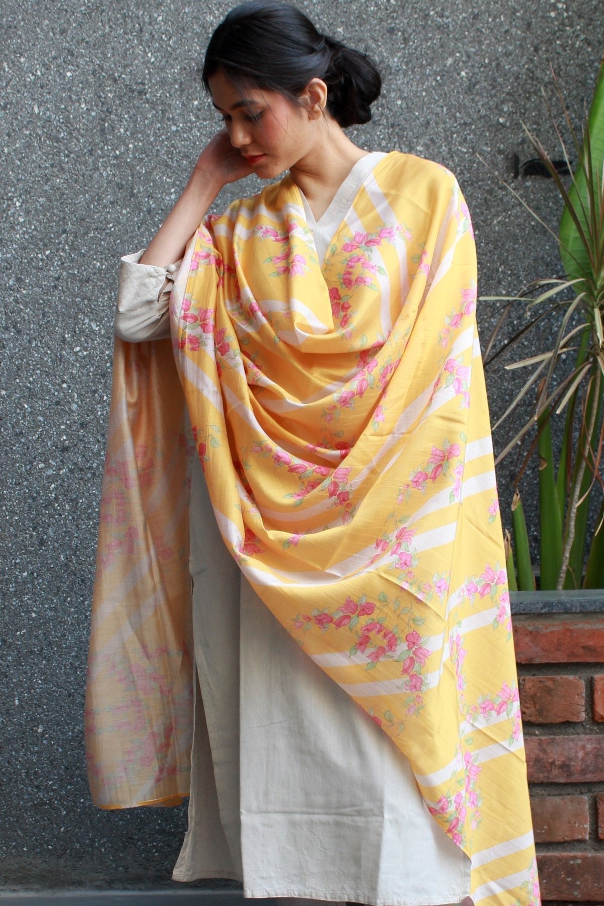 Buy-Bougainvillea Dreams - Chanderi Dupatta-Cyahi-Online