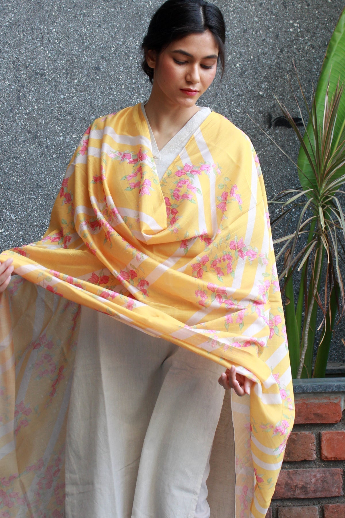 Buy-Bougainvillea Dreams - Chanderi Dupatta-Cyahi-Online