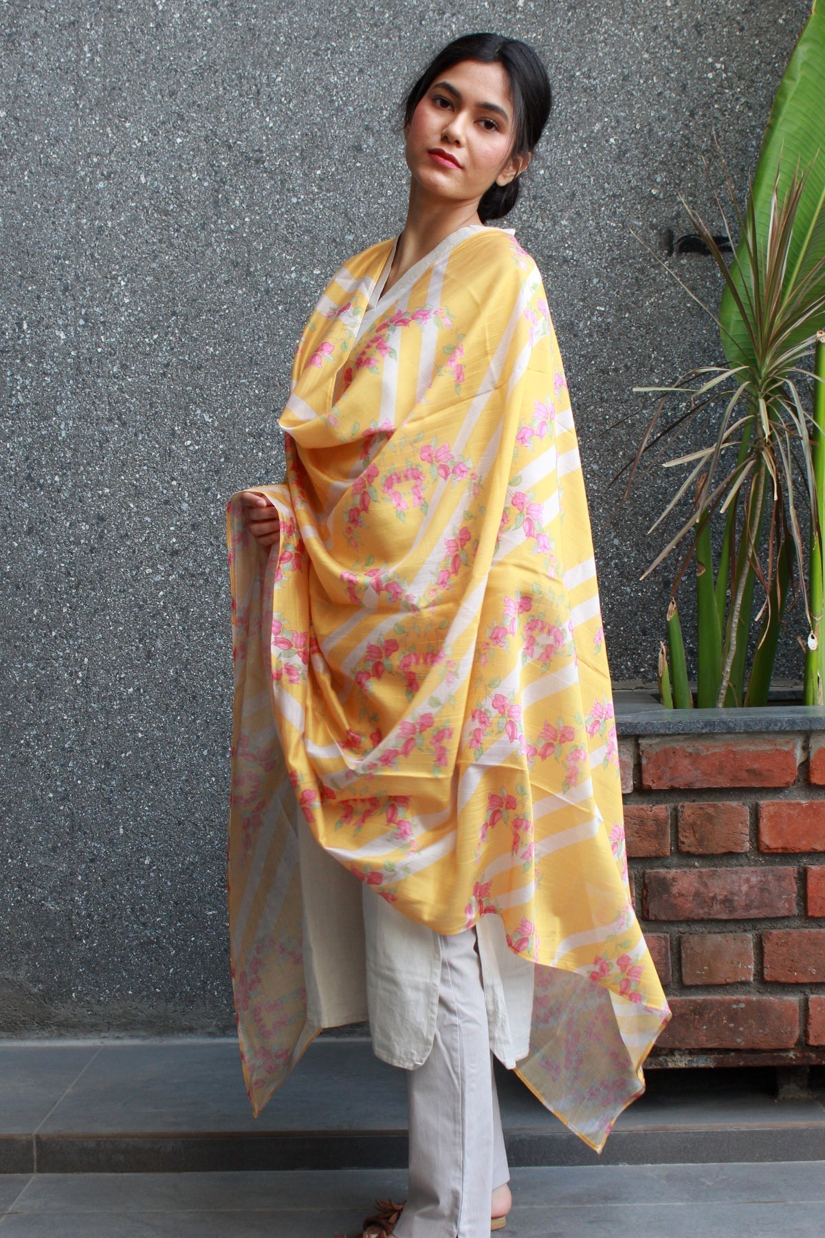 Buy-Bougainvillea Dreams - Chanderi Dupatta-Cyahi-Online