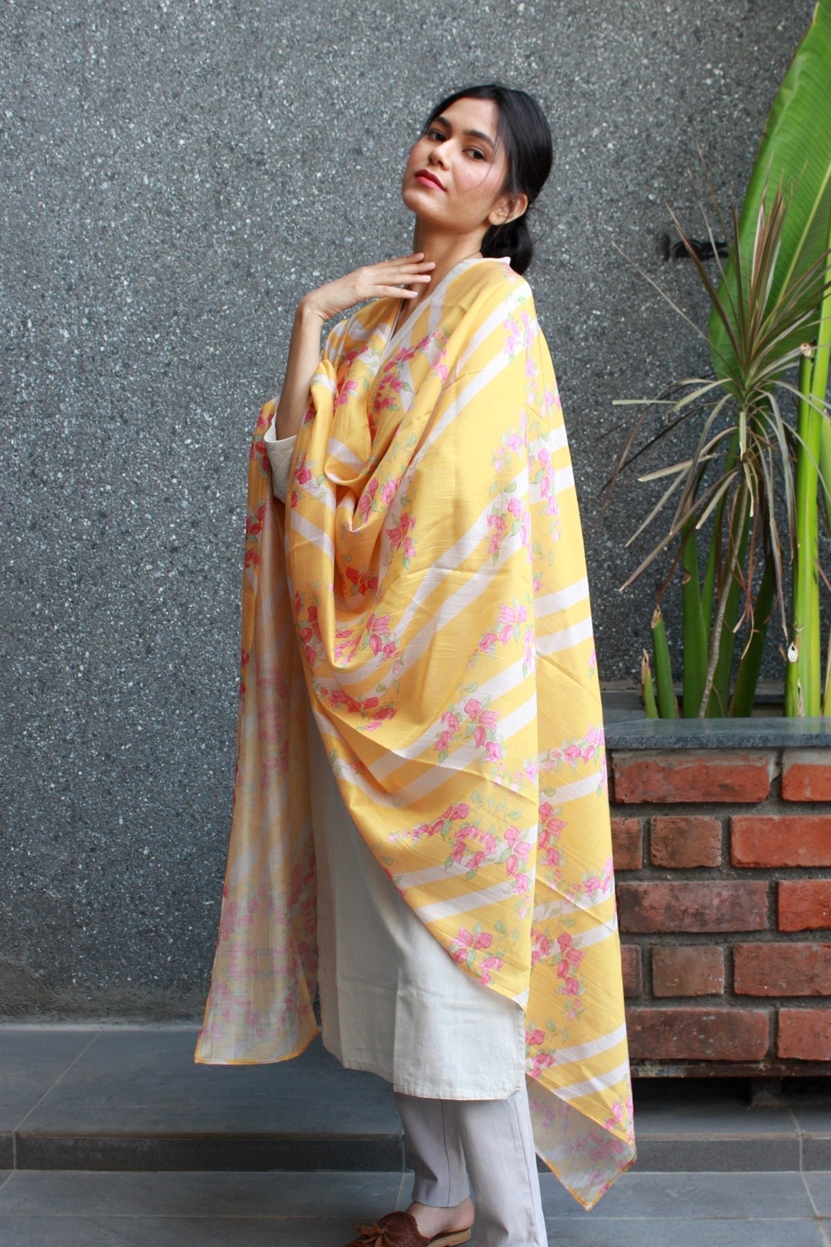 Buy-Bougainvillea Dreams - Chanderi Dupatta-Cyahi-Online